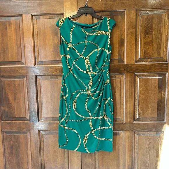 Lauren Ralph Lauren Dress 10 Green Equestrian Gold Link Chain - Picture 3 of 8